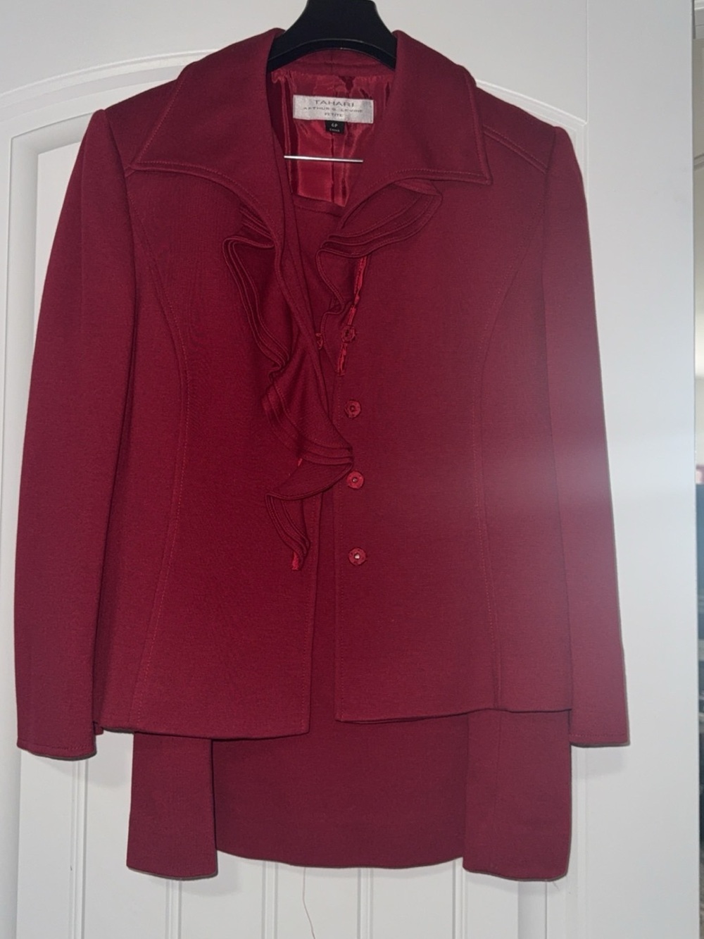 Tahari ASL Women's Burgundy Ruffle Front Blazer